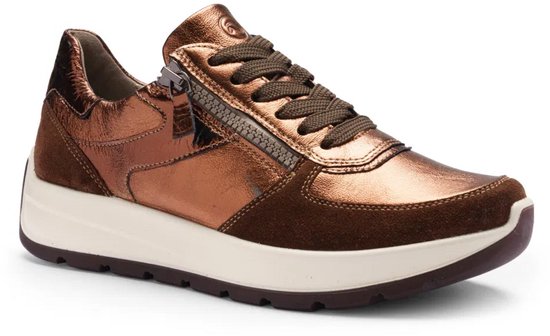Bruine sneaker met bronzen metallic accenten, suède details, ritssluiting en witte zool.