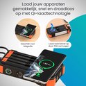 Zwarte en oranje powerbank met draadloos opladen van een smartphone via MagSafe en 15W vermogen.
