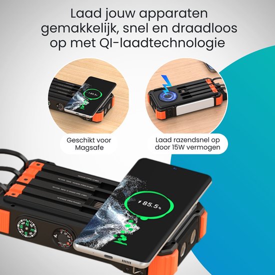 Zwarte en oranje powerbank met draadloos opladen van een smartphone via MagSafe en 15W vermogen.