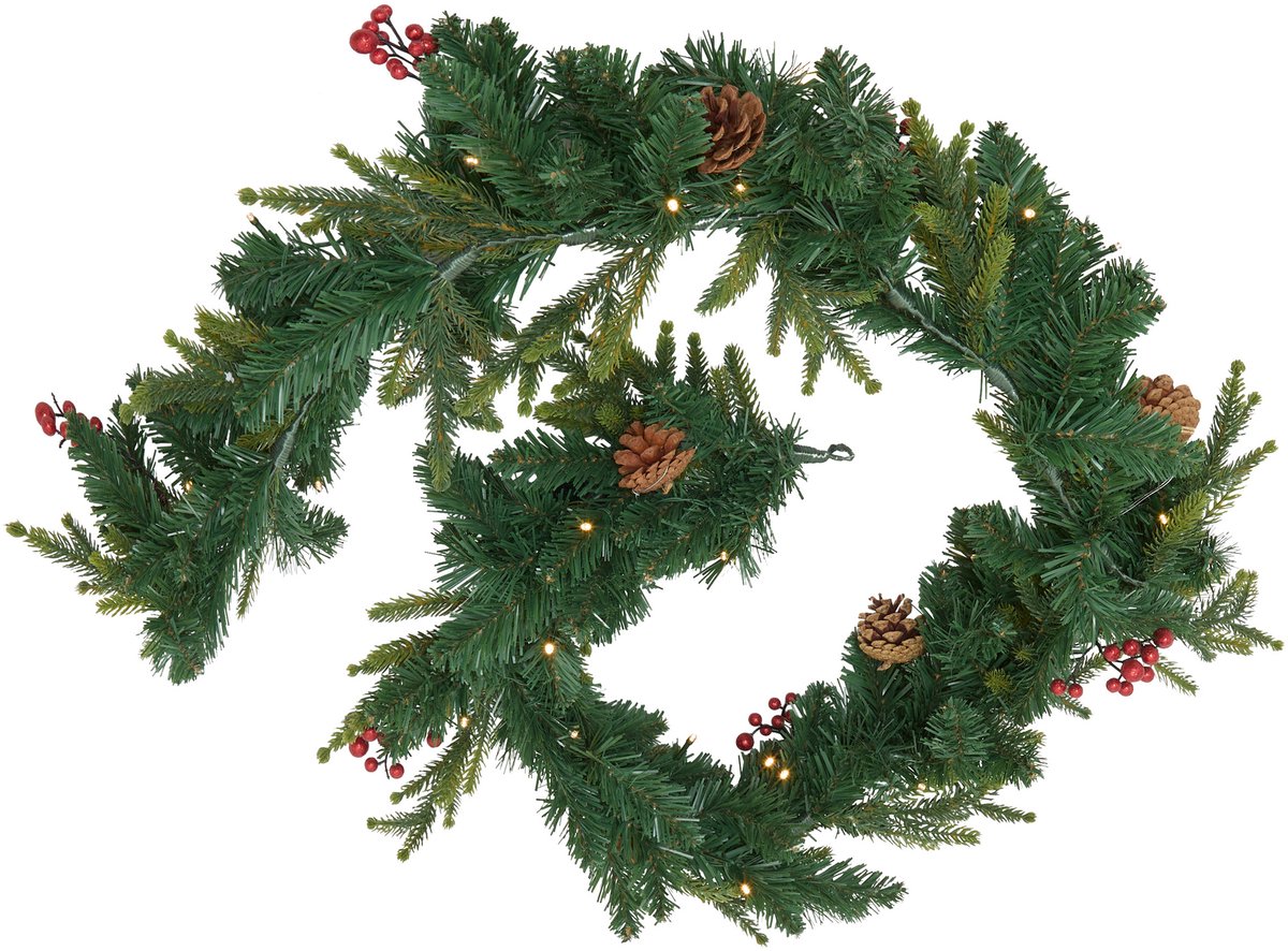 Kerstguirlande, kerstboom met bessen en dennenappels, 180 cm
