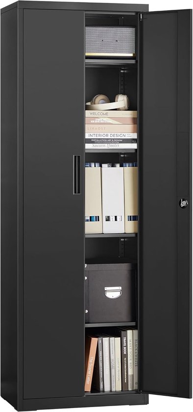 Conway Living® - Classeur avec serrure - Armoire de bureau - Armoires de rangement avec portes - 4 étagères - 45 kg par étagère - Multifonctionnel - Armoire de garage - Armoire Keter - Armoire en acier - 180x60x40 cm - Zwart