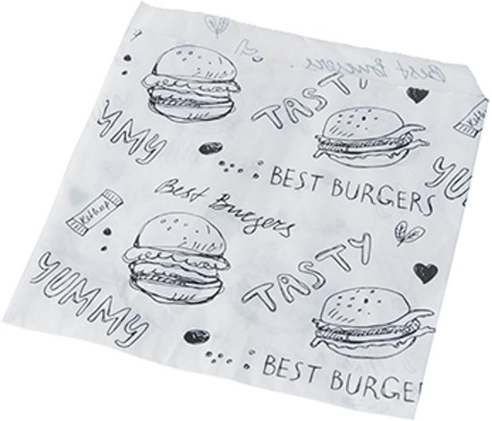Wit papier met een opdruk van hamburgers, 'YUMMY', 'BEST BURGERS' en hartjes.