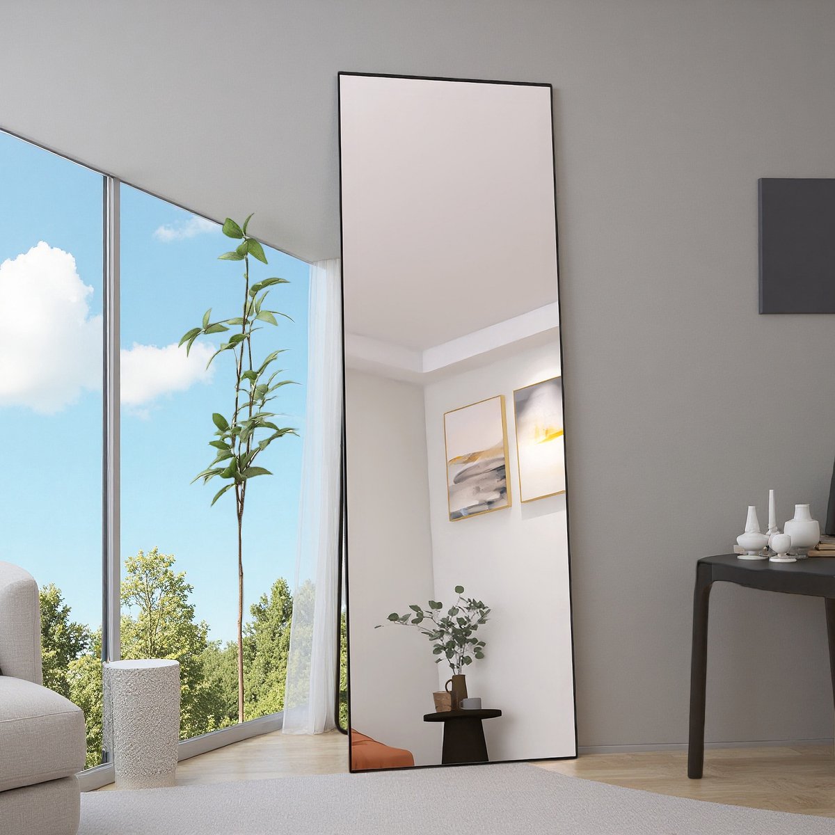 Staande Spiegel 165x60 cm – Zwarte Aluminium Rand, Rechthoekige Make-up & Slaapkamer Spiegel van Gehard Glas