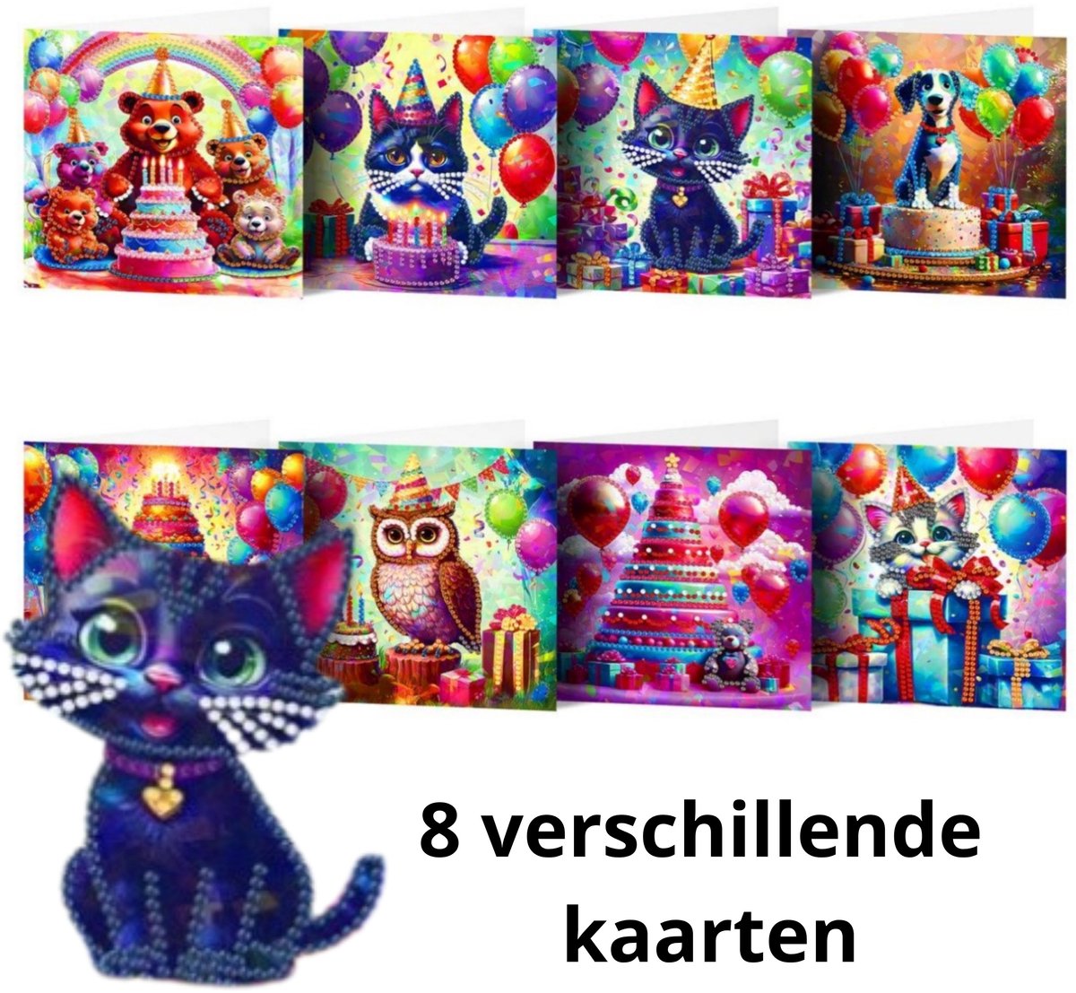 IZGO Diamond Painting Kaarten – 8 Wenskaarten met envelop - Zonder Tekst - Volwassenen – Volledig Hobby Pakket - Diamant schilderen - Verjaardag Feestje