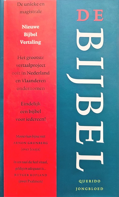 De Bijbel, Nieuwe Bijbel Vertaling in rood en blauw met de titel in grote witte letters.