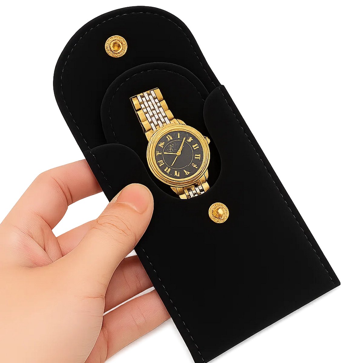 Premium Imitatie Suède Horloge Reisetui - Luxe Fluwelen Horlogepouch met Flip-Sluiting | Compacte Opbergzak voor 1 Horloge | Zwart - 13×7 cm