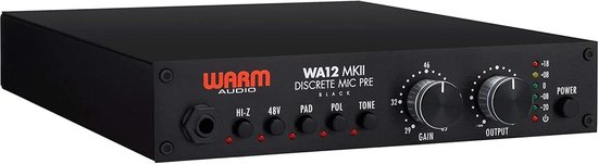 Préamplificateur micro noir Warm Audio WA12 MKII avec boutons Gain et Output et indicateurs lumineux.