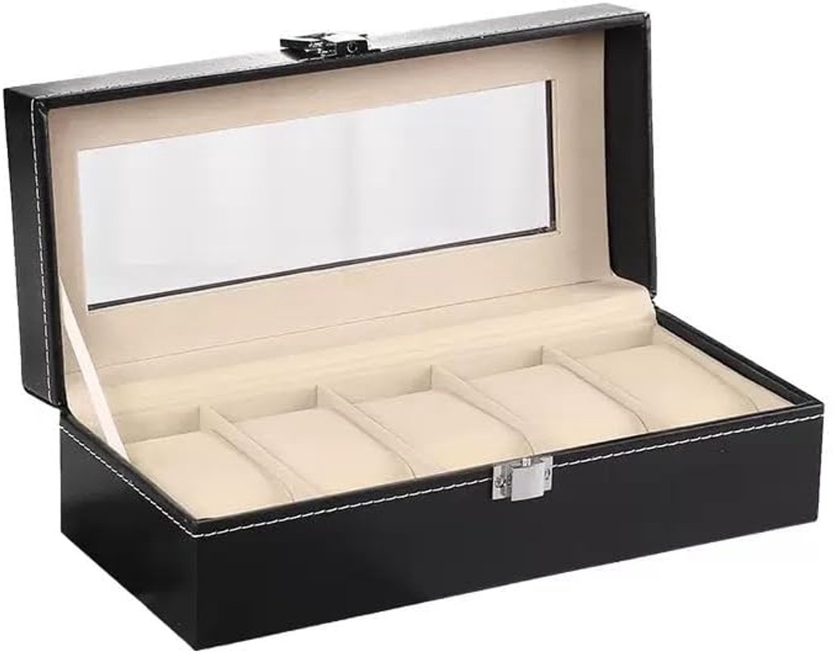 Horlogedoos, horlogedoos, horlogedoos met 6 vakken, opbergdoos voor horloges van PU met glazen deksel met glazen deksel, cadeau voor heren, zwart