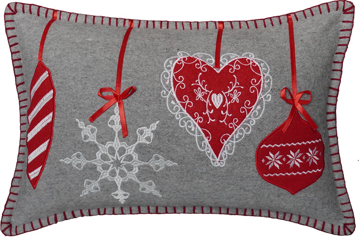 Urbane Hide 30x50 cm Kussenhoes | Kussenhoezen | Kussenhoesjes | Geborduurd & Patchwork | Hangende Ornamenten | Wol | Grijs/Rood/Wit | Zonder Binnenkussen Type C