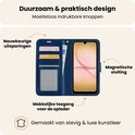Donkerblauw telefoonhoesje van kunstleer met pasjeshouder, magnetische sluiting en gemakkelijke toegang tot oplader.
