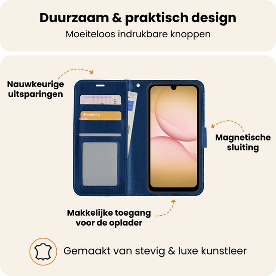 Donkerblauw telefoonhoesje van kunstleer met pasjeshouder, magnetische sluiting en gemakkelijke toegang tot oplader.
