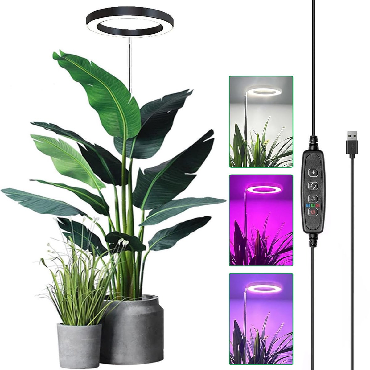 Rosnek Zwarte LED Groeilamp met Dimbare Helderheid - Full Spectrum 72LEDs - Verstelbaar (35-155cm) & Timer 3/9/12U - Kweeklamp voor Binnenplanten