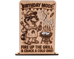 Houten verjaardagskaart – Birthday Mode BBQ – humoristische wenskaart – originele felicitatiekaart – duurzame houten kaart met envelop