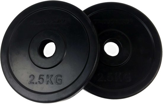 Twee ronde, zwarte 2.5 KG halterschijven van Tunturi met een gat in het midden.
