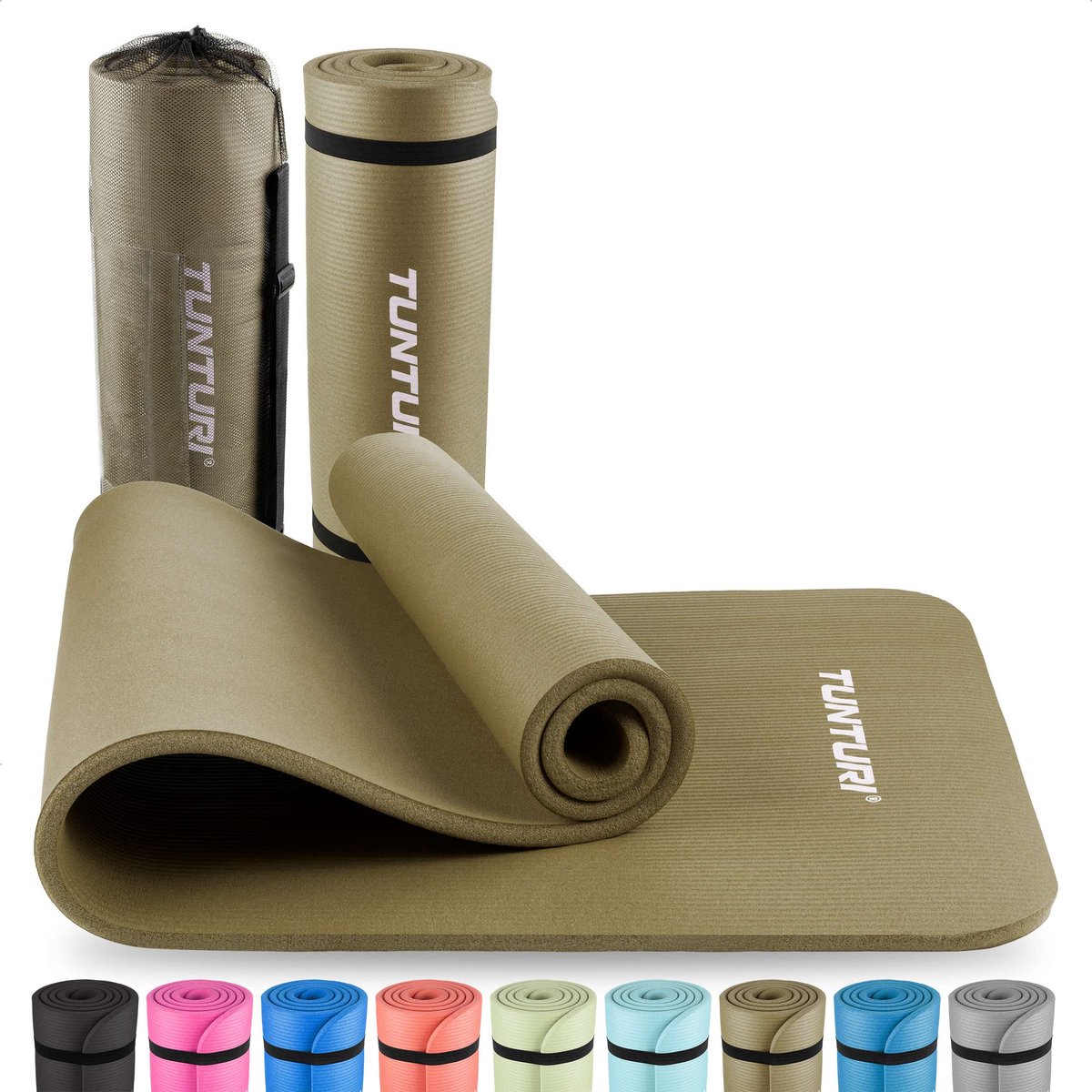 Tunturi NBR Yogamat met Draagtas | Fitness mat Extra dik & zacht | Anti slip | 180x60x1.5cm | Incl Trainingsapp | Legergroen
