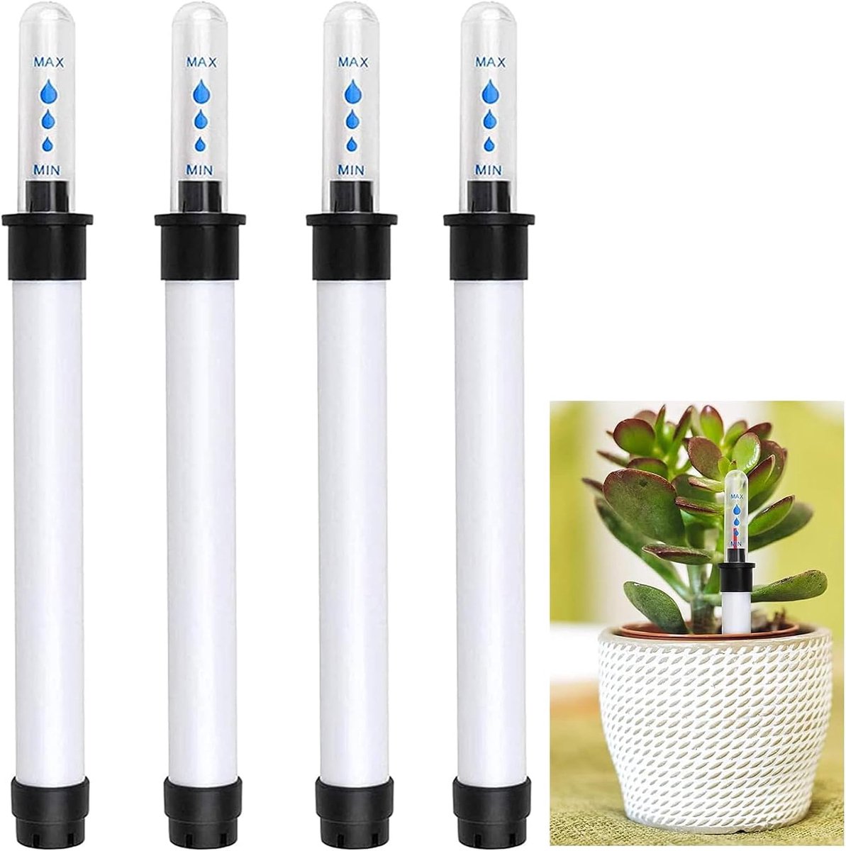 4 stuks - Waterniveaumeter voor bloempotten - Waterniveau-indicator - plantenwaterniveau-indicator - Bodemvochtigheidsmeter - plantenwatermeter - bewateringsmonitor - vochtigheidsindicator voor planten - voor binnen en buitentuinieren - 20 cm - 150ml
