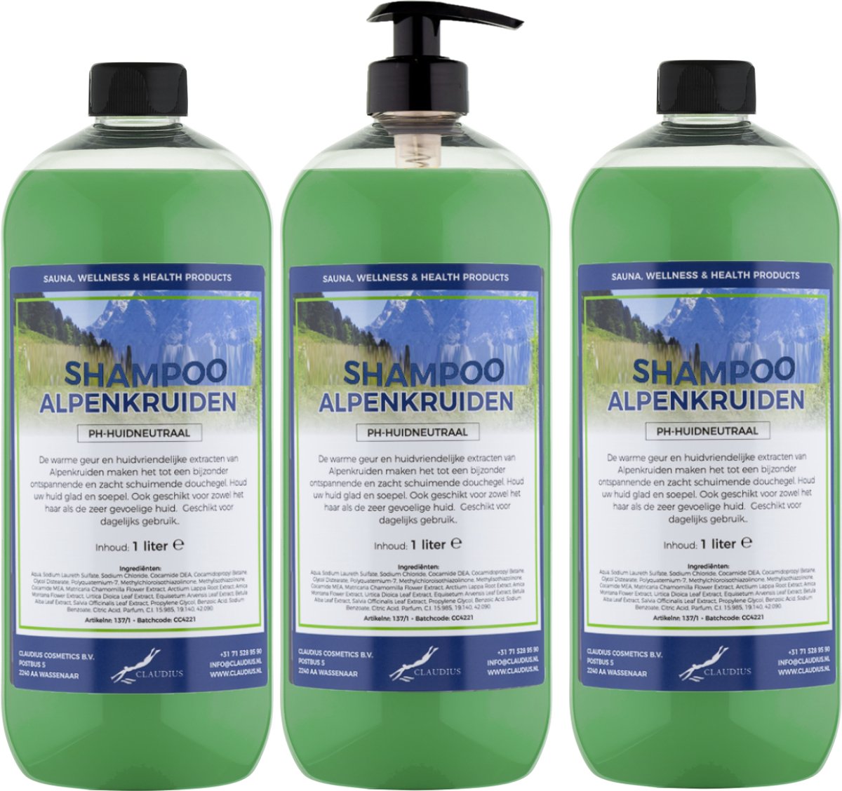 Shampoo Alpenkruiden - 1 liter (transparant) - 3 Stuks - met pomp - Voordeelverpakking - Haarverzorging
