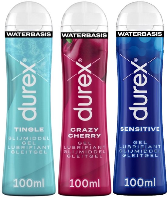 Drie Durex glijmiddel flessen: Tingle (lichtblauw), Crazy Cherry (roze) en Sensitive (blauw), elk 100ml.