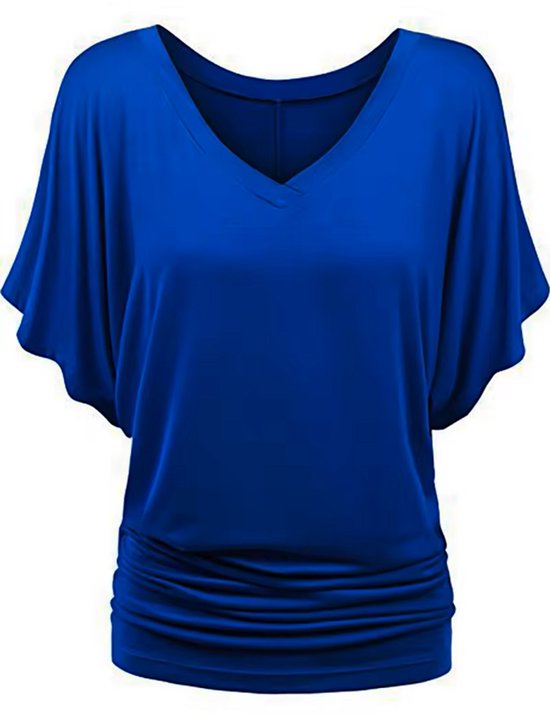 ASTRADAVI Damesmode - Top - Elegant V-hals shirt met vleermuismouwen - Batwing Blouse met met elastische zijkanten - Koningsblauw/ Medium