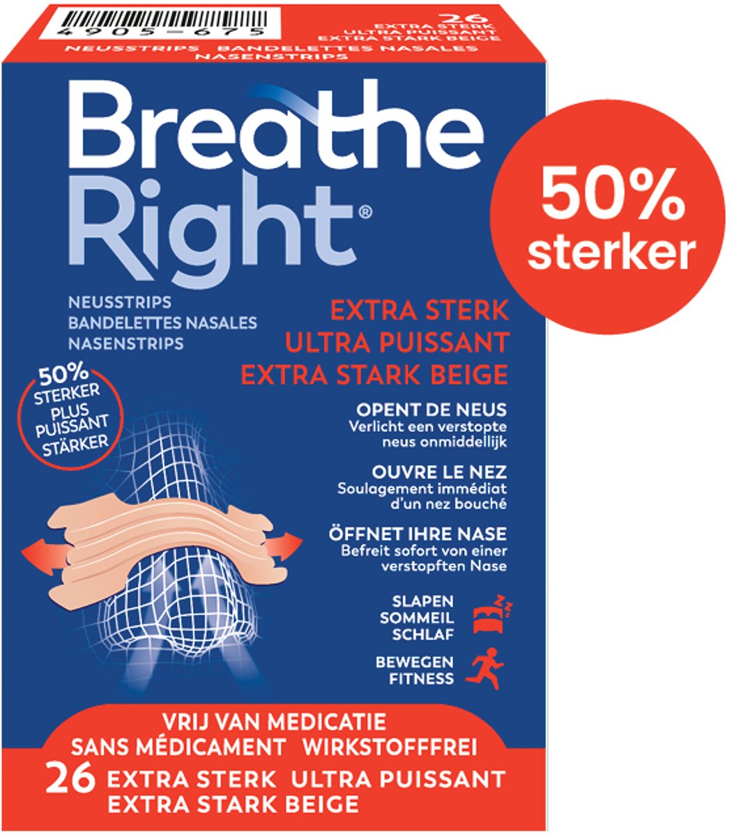 Breathe Right Neusstrips Extra Sterk – Tegen Snurken & Intensief Gebruik (Sport & Verkoudheid) – One Size – 26 stuks – 50% Sterkere Plakkracht – Blijft Zitten bij Zweten