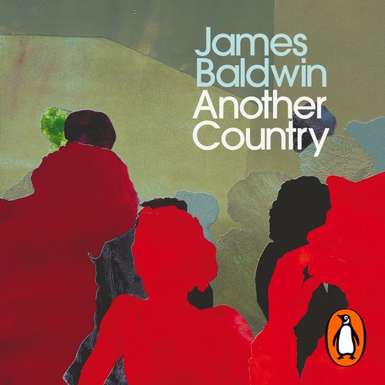 Boekomslag van 'Another Country' door James Baldwin, met abstracte rode en blauwe figuren tegen een groen-grijze achtergrond en de Penguin logo.