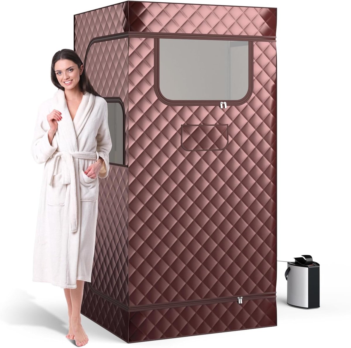 COSTWAY Stoomsauna, thuissauna voor thuis, full-body saunabox met 3-liter stoomgenerator, afstandsbediening, voetmassageapparaat en klapstoel, draagbare saunatent 91 x 91 x 183 cm (bruin)