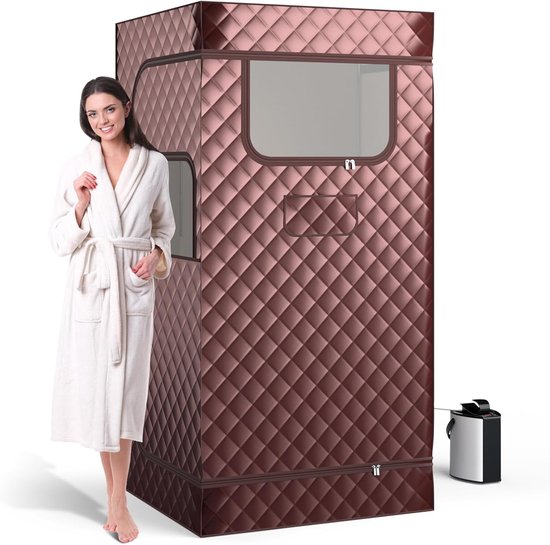 COSTWAY Stoomsauna, thuissauna voor thuis, full-body saunabox met 3-liter stoomgenerator, afstandsbediening, voetmassageapparaat en klapstoel, draagbare saunatent 91 x 91 x 183 cm (bruin)