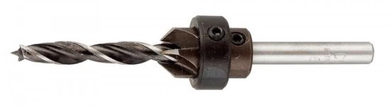 Zwarte verzinkboor met gedraaid boortje en verstelbare boordiepte-aanslag.