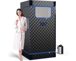 COSTWAY Stoomsauna, thuissauna voor thuis, full-body saunabox met 3-liter stoomgenerator, afstandsbediening, voetmassageapparaat en klapstoel, draagbare saunatent 91 x 91 x 183 cm (zwart)