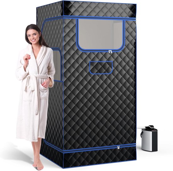 COSTWAY Stoomsauna, thuissauna voor thuis, full-body saunabox met 3-liter stoomgenerator, afstandsbediening, voetmassageapparaat en klapstoel, draagbare saunatent 91 x 91 x 183 cm (zwart)