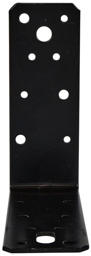 Zwart L-vormig hoekanker met bevestigingsgaten, close-up.