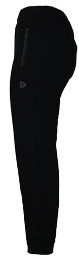 Zijaanzicht van een zwarte joggingbroek met ritszakken en een klein logo.