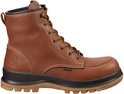 Bruine leren werklaars met vetersluiting, witte stiksels en een donkerbruine zool. Carhartt logo op de zijkant.