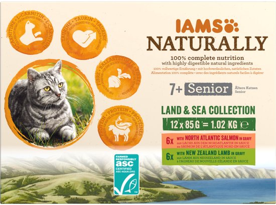 IAMS Naturally Senior Multipack Land & Sea - 2 x 12 x 85 gr - Voordeelverpakking
