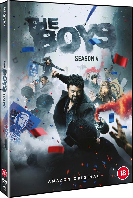 Boîtier DVD The Boys Saison 4 avec Karl Urban au centre, entouré d'explosions et de confettis.