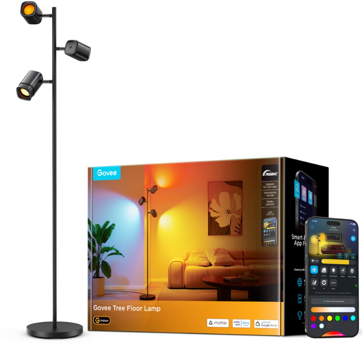 Govee slimme vloerlamp 160 cm Matter RGBWW - 3 lichtkoppen - slimme leeslamp - tree floorlamp