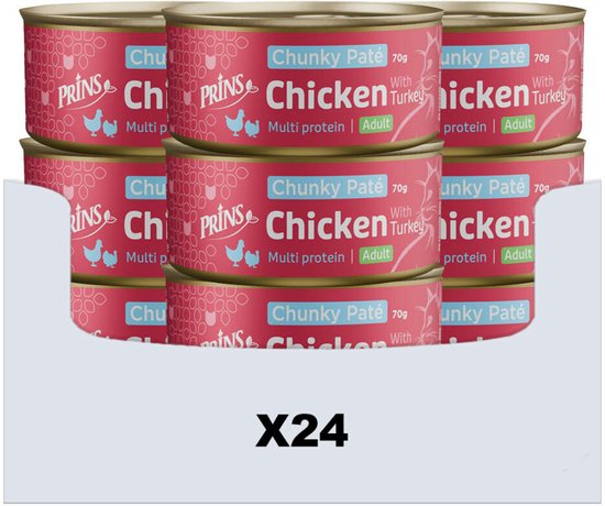 Prins Chunky Paté Kattenvoer Nat Kip & Kalkoen - 24 x 70 gr - Voordeelverpakking