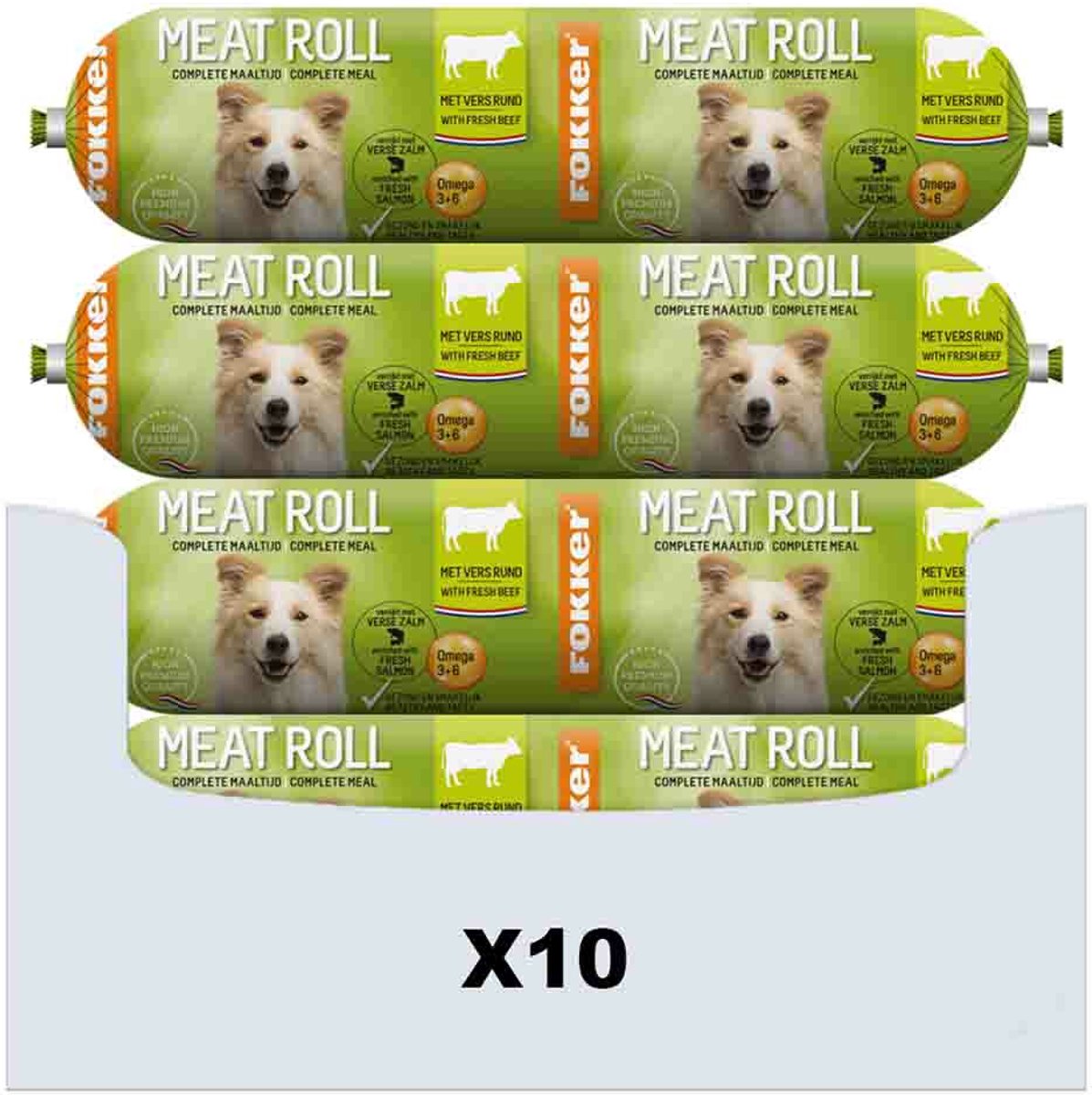 10x Fokker Meat Roll Hondenvoer Nat Rund - Zalm 800 gr