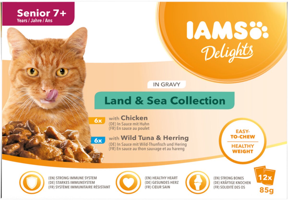 48x85g Senior Land & Sea Collection in Saus IAMS Delights Kattenvoer
