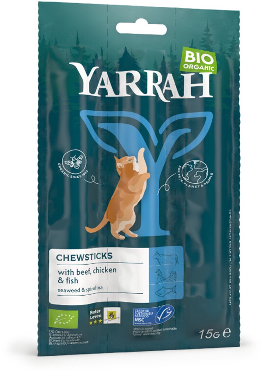 Yarrah Bio kauwstaafjes - Vis, Zeewier & Spirulina - Kattensnack - 15 g