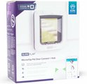 Verpakking van Sureflap Microchip Pet Door Connect + Hub. Wit luik met duidelijke indicator. Telefoon met app zichtbaar.