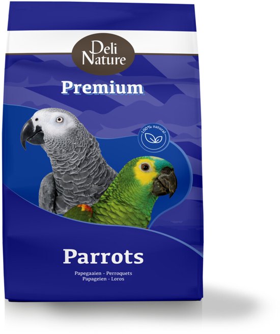Blauwe verpakking met grijze en groene papegaai, 'Deli Nature Premium Parrots'.