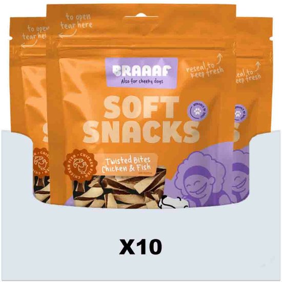 Braaaf Twisted Bites Hondensnack Kip - Vis - 10 x 85 gr - Voordeelverpakking