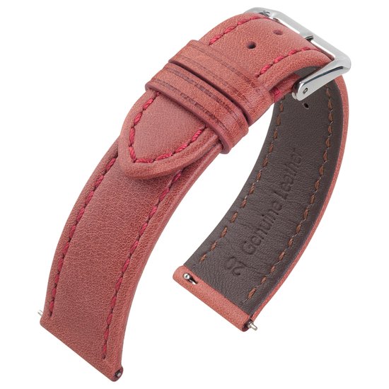 Bracelet de montre en cuir de veau rouge délavé avec coutures rouges et boucle argentée.