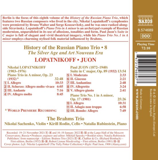Brahms Trio - History Of The Russian Piano Trio, Vol. 8 - Lopatnikoff ...
