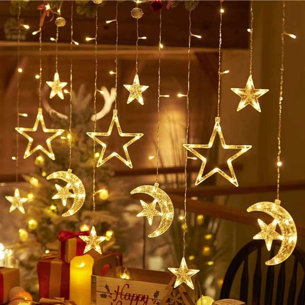 Meedeer Kerst Raamverlichting-3,5 m x 0,8m LED String-binnen-hangende lichtjes-8 verlichtingsmodi-Stervorm en halve maan-Met stekker-woningdecoratie-voor Indoor Party Bruiloft Slaapkamer (Warm Wit)