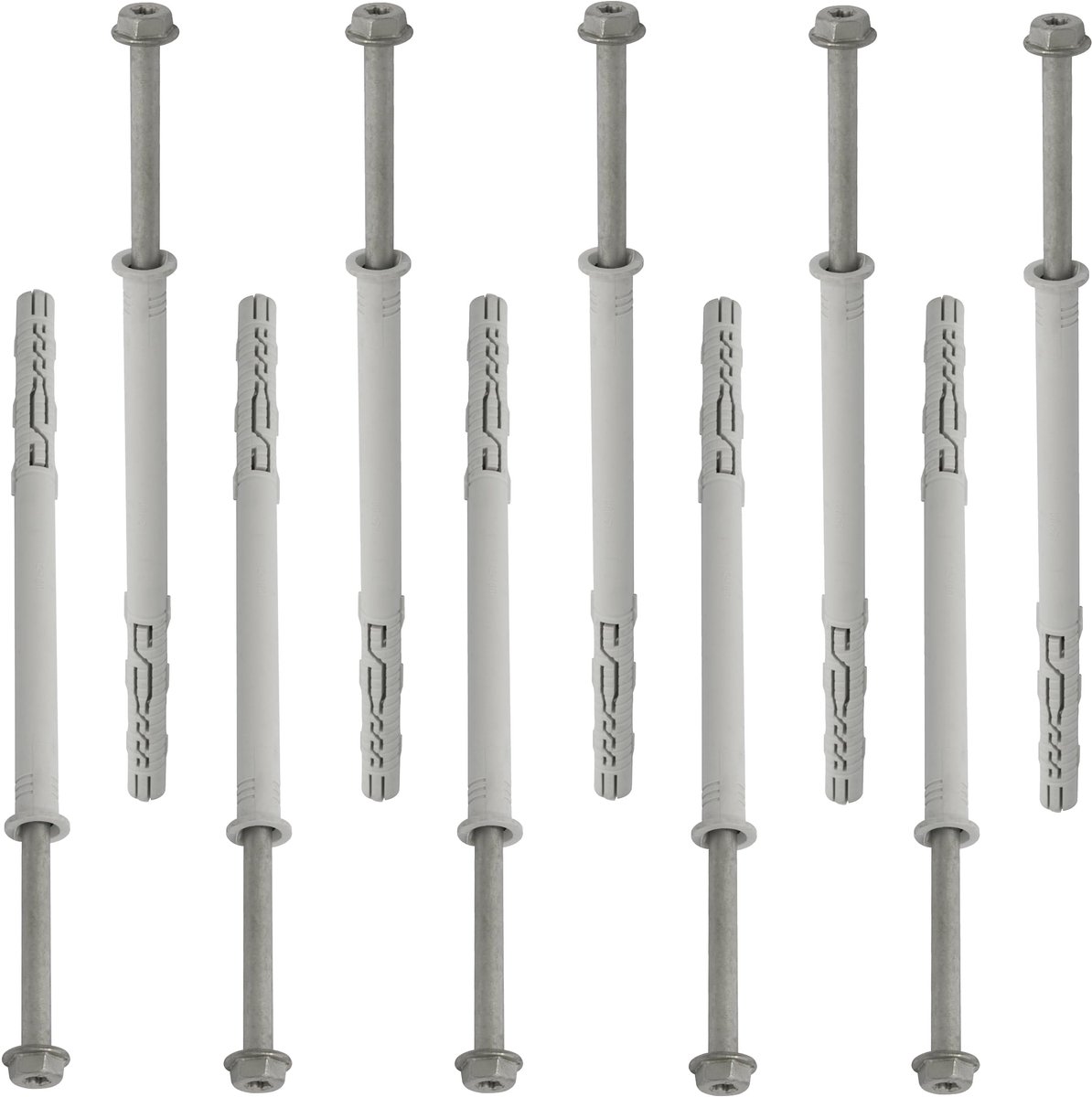 Set van 10 kunststof pluggen Ø12x180mm met flens en 10 zelftappende schroeven Ø8x190mm met zeshoekige flens TX40, ideaal voor beton en baksteen bevestiging