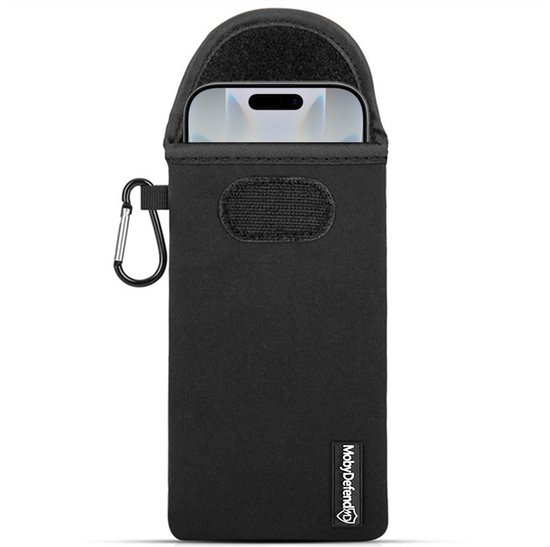 Pochette noire en néoprène pour téléphone avec mousqueton, une partie d'un smartphone visible en haut.