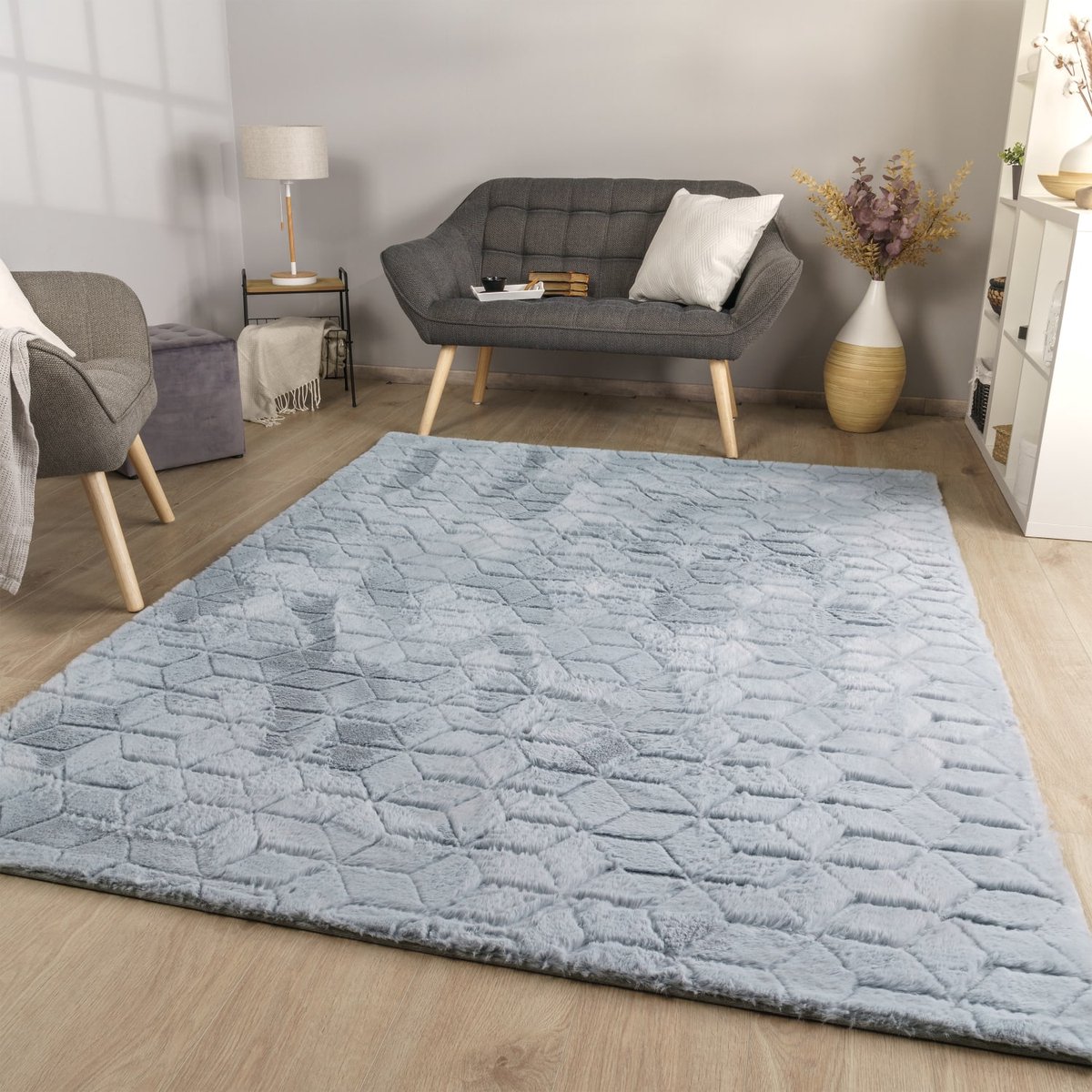 Woonkamertapijt eetkamer langpolig geometrisch design Scandi Moder 3D Uni