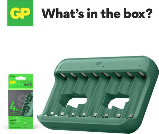 Groene GP batterijlader voor AA/AAA batterijen met 8 sleuven.